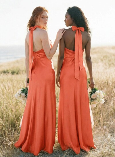 Sheath/Column Halter Sleeveless Floor-Length Charmeuse Bridesmaid Dresses With Bow(s)/High Split
