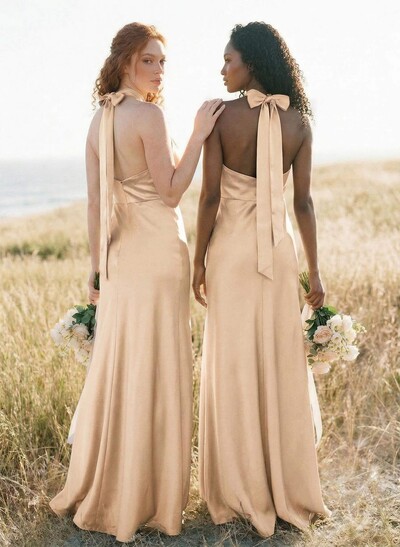 Sheath/Column Halter Sleeveless Floor-Length Charmeuse Bridesmaid Dresses With Bow(s)/High Split
