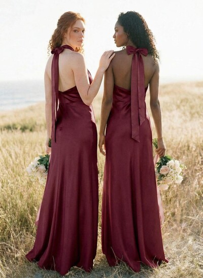 Sheath/Column Halter Sleeveless Floor-Length Charmeuse Bridesmaid Dresses With Bow(s)/High Split