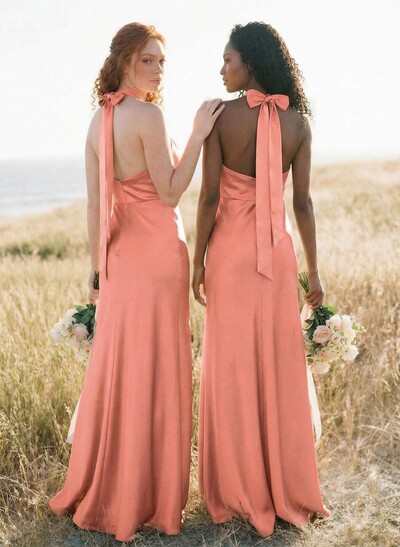 Sheath/Column Halter Sleeveless Floor-Length Charmeuse Bridesmaid Dresses With Bow(s)/High Split