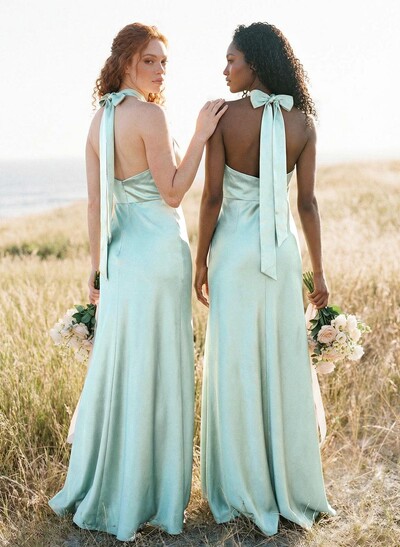 Sheath/Column Halter Sleeveless Floor-Length Charmeuse Bridesmaid Dresses With Bow(s)/High Split
