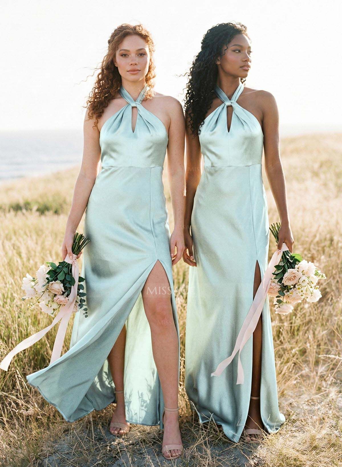 Sheath/Column Halter Sleeveless Floor-Length Charmeuse Bridesmaid Dresses With Bow(s)/High Split