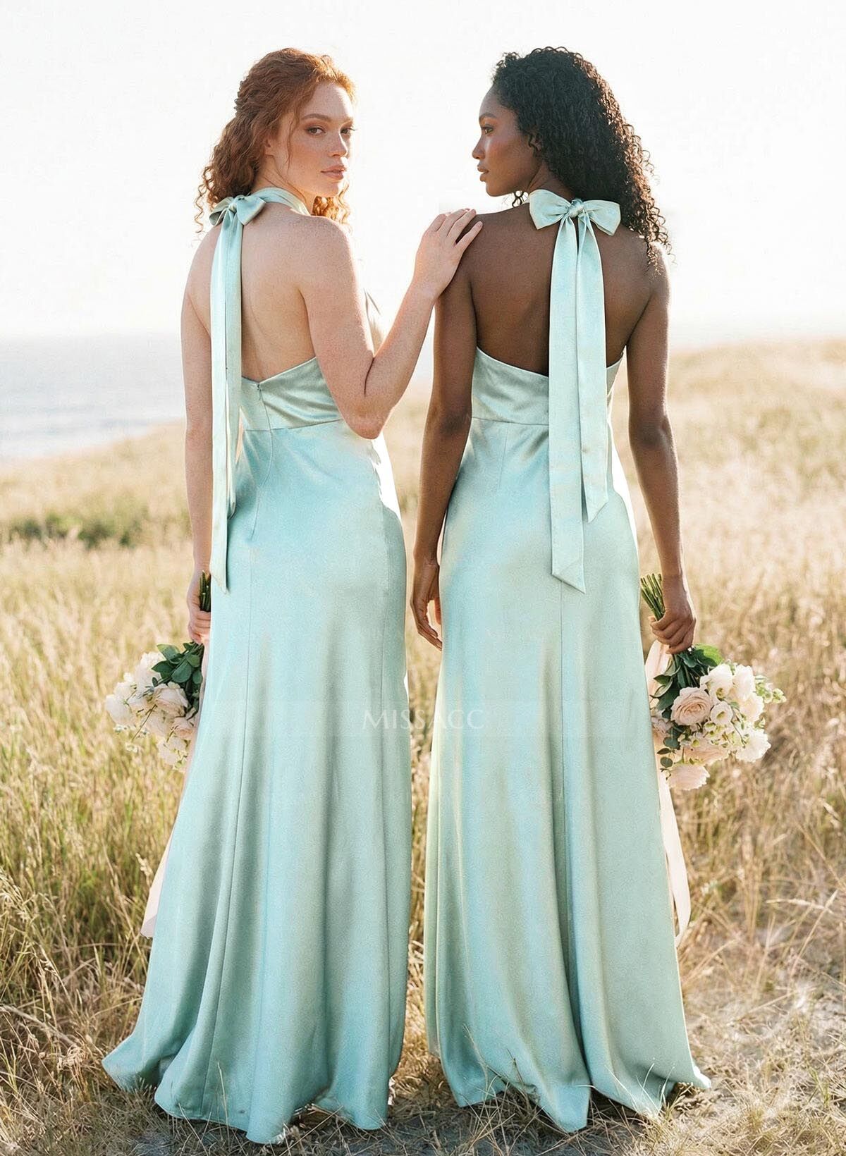 Sheath/Column Halter Sleeveless Floor-Length Charmeuse Bridesmaid Dresses With Bow(s)/High Split