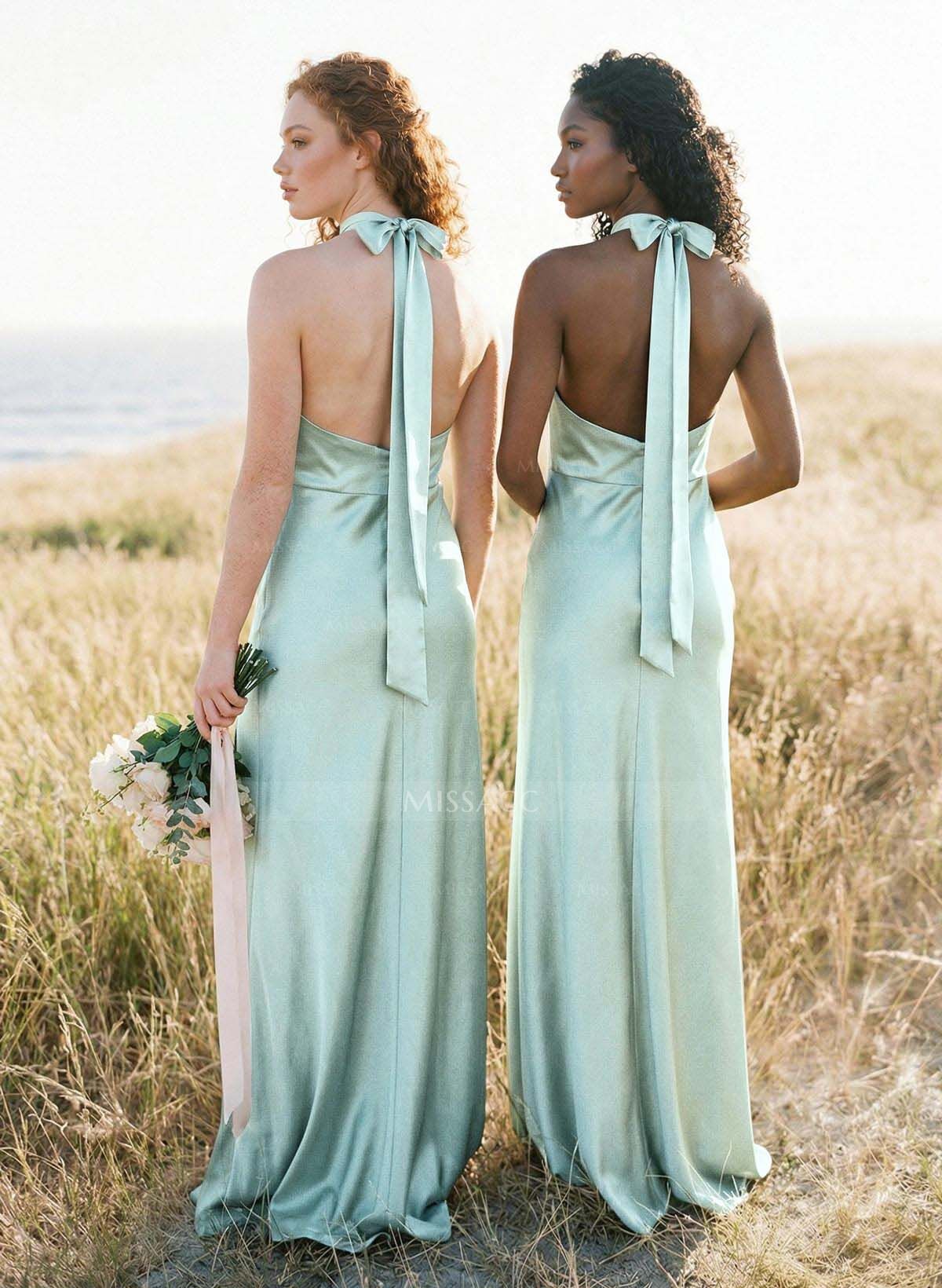 Sheath/Column Halter Sleeveless Floor-Length Charmeuse Bridesmaid Dresses With Bow(s)/High Split