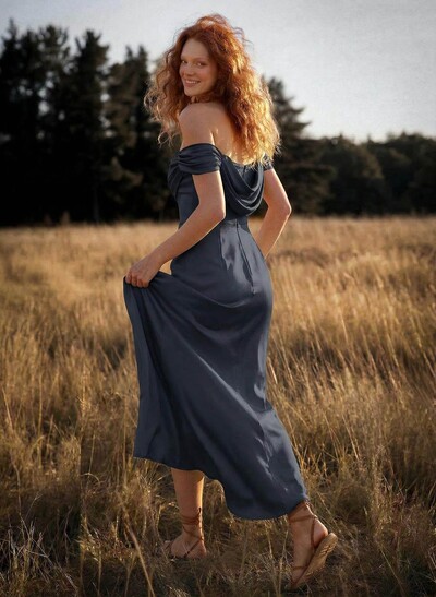 Trumpet/Mermaid Off-The-Shoulder Floor-Length Crepe Satin Bridesmaid Dresses With High Split