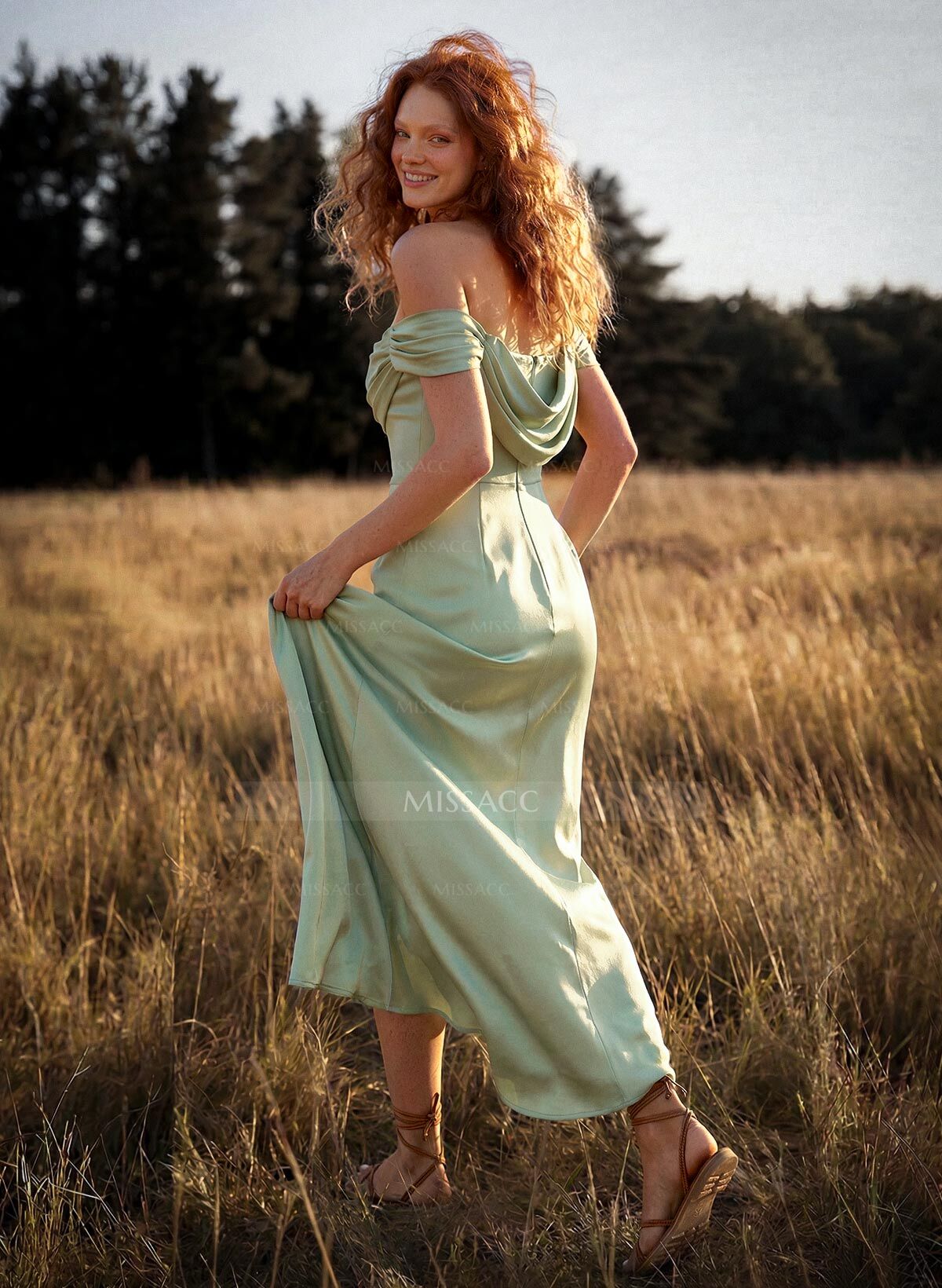 Trumpet/Mermaid Off-The-Shoulder Floor-Length Crepe Satin Bridesmaid Dresses With High Split