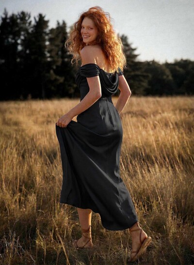 Trumpet/Mermaid Off-The-Shoulder Floor-Length Crepe Satin Bridesmaid Dresses With High Split