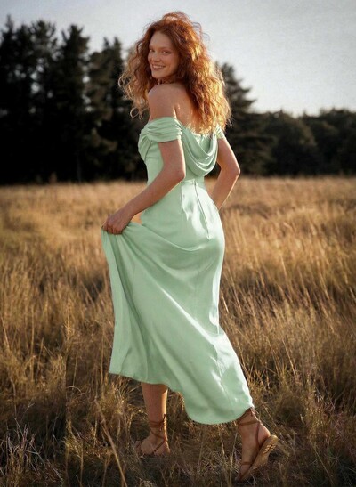 Trumpet/Mermaid Off-The-Shoulder Floor-Length Crepe Satin Bridesmaid Dresses With High Split