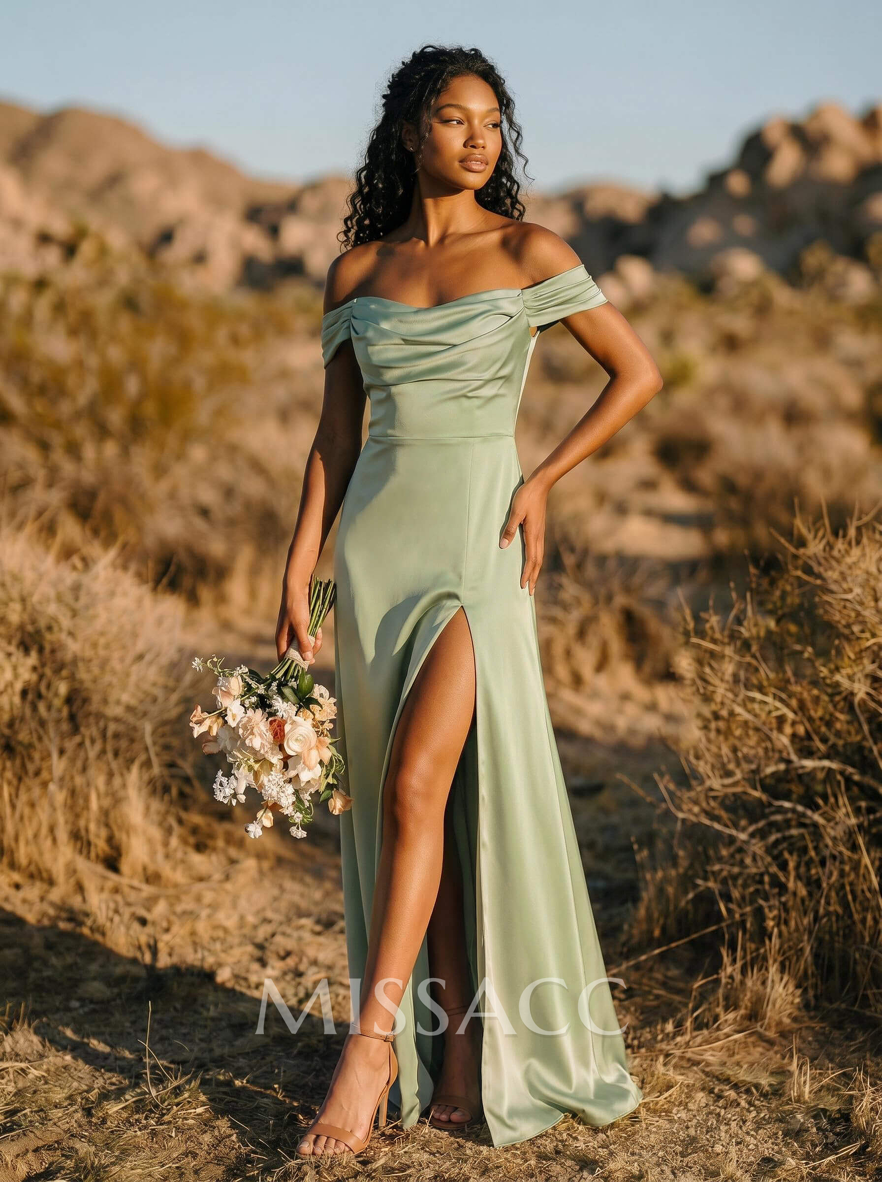 Trumpet/Mermaid Off-The-Shoulder Floor-Length Crepe Satin Bridesmaid Dresses With High Split