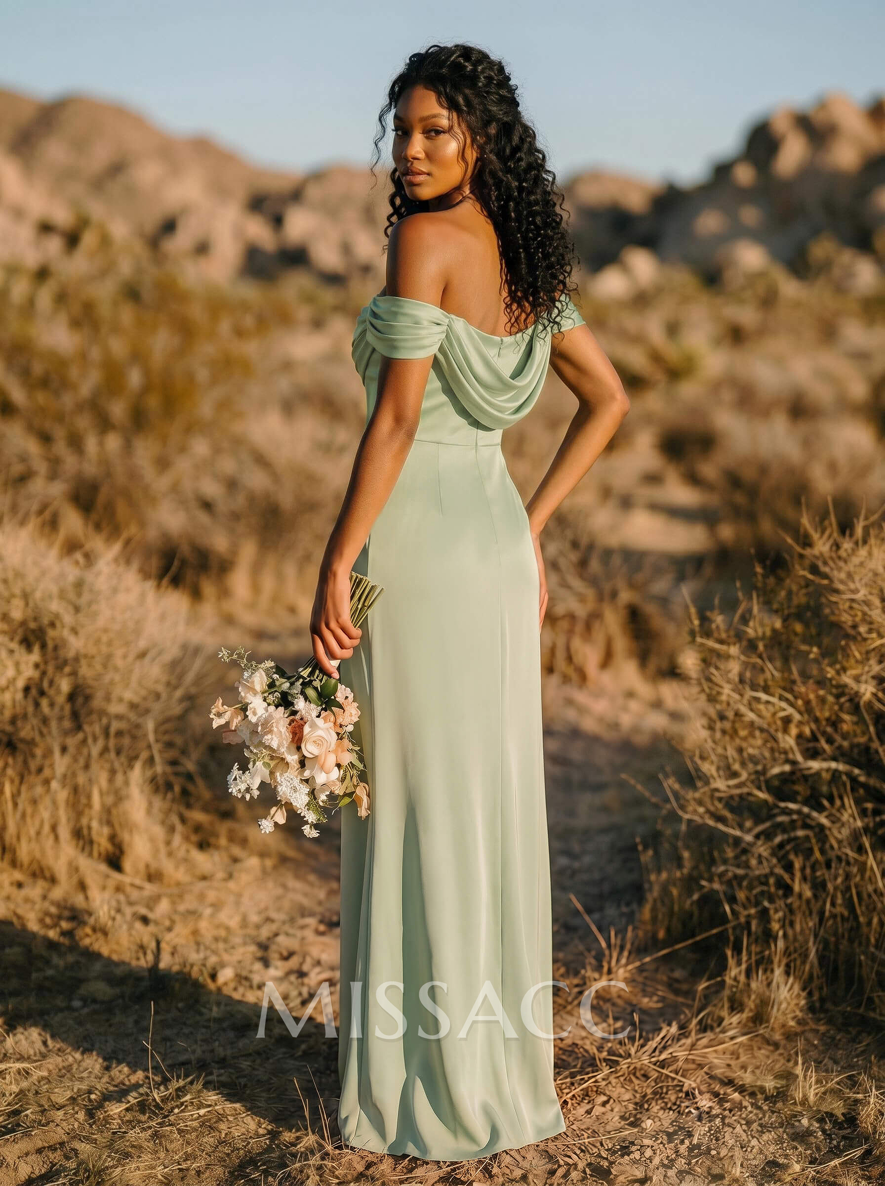 Trumpet/Mermaid Off-The-Shoulder Floor-Length Crepe Satin Bridesmaid Dresses With High Split