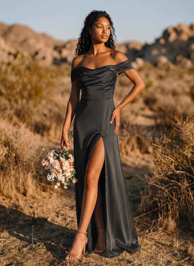 Trumpet/Mermaid Off-The-Shoulder Floor-Length Crepe Satin Bridesmaid Dresses With High Split
