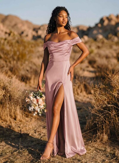 Trumpet/Mermaid Off-The-Shoulder Floor-Length Crepe Satin Bridesmaid Dresses With High Split