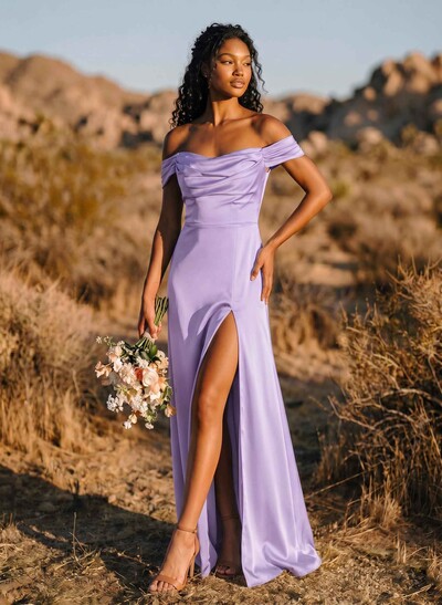 Trumpet/Mermaid Off-The-Shoulder Floor-Length Crepe Satin Bridesmaid Dresses With High Split