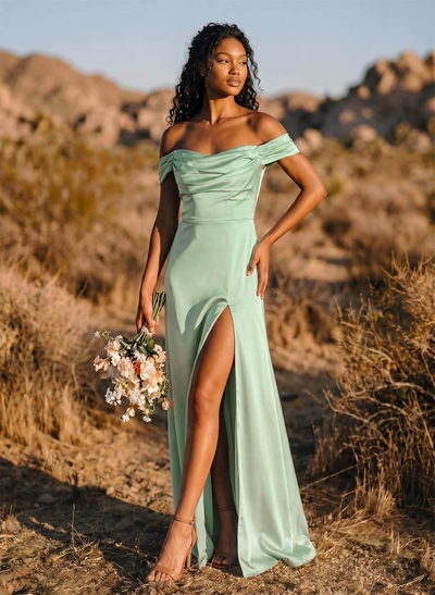 Trumpet/Mermaid Off-The-Shoulder Floor-Length Crepe Satin Bridesmaid Dresses With High Split