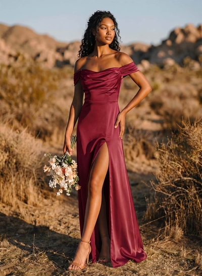 Trumpet/Mermaid Off-The-Shoulder Floor-Length Crepe Satin Bridesmaid Dresses With High Split