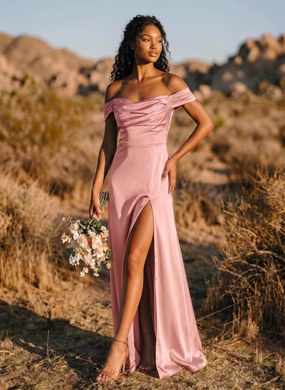 Trumpet/Mermaid Off-The-Shoulder Floor-Length Crepe Satin Bridesmaid Dresses With High Split
