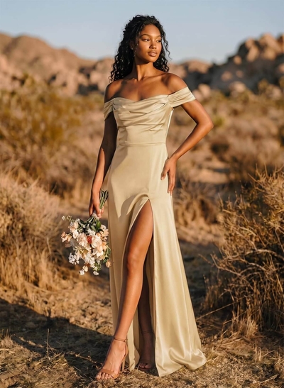 Trumpet/Mermaid Off-The-Shoulder Floor-Length Crepe Satin Bridesmaid Dresses With High Split