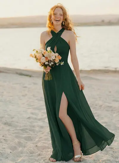 Sheath/Column Halter Sleeveless Sweep Train Chiffon Bridesmaid Dresses With High Split