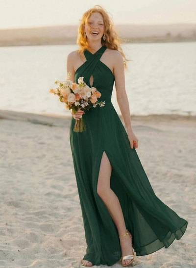 Sheath/Column Halter Sleeveless Sweep Train Chiffon Bridesmaid Dresses With High Split