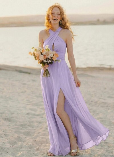 Sheath/Column Halter Sleeveless Sweep Train Chiffon Bridesmaid Dresses With High Split