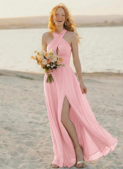 Sheath/Column Halter Sleeveless Sweep Train Chiffon Bridesmaid Dresses With High Split