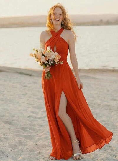 Sheath/Column Halter Sleeveless Sweep Train Chiffon Bridesmaid Dresses With High Split