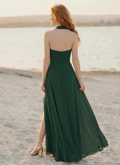 Sheath/Column Halter Sleeveless Floor-Length Chiffon Bridesmaid Dresses With High Split