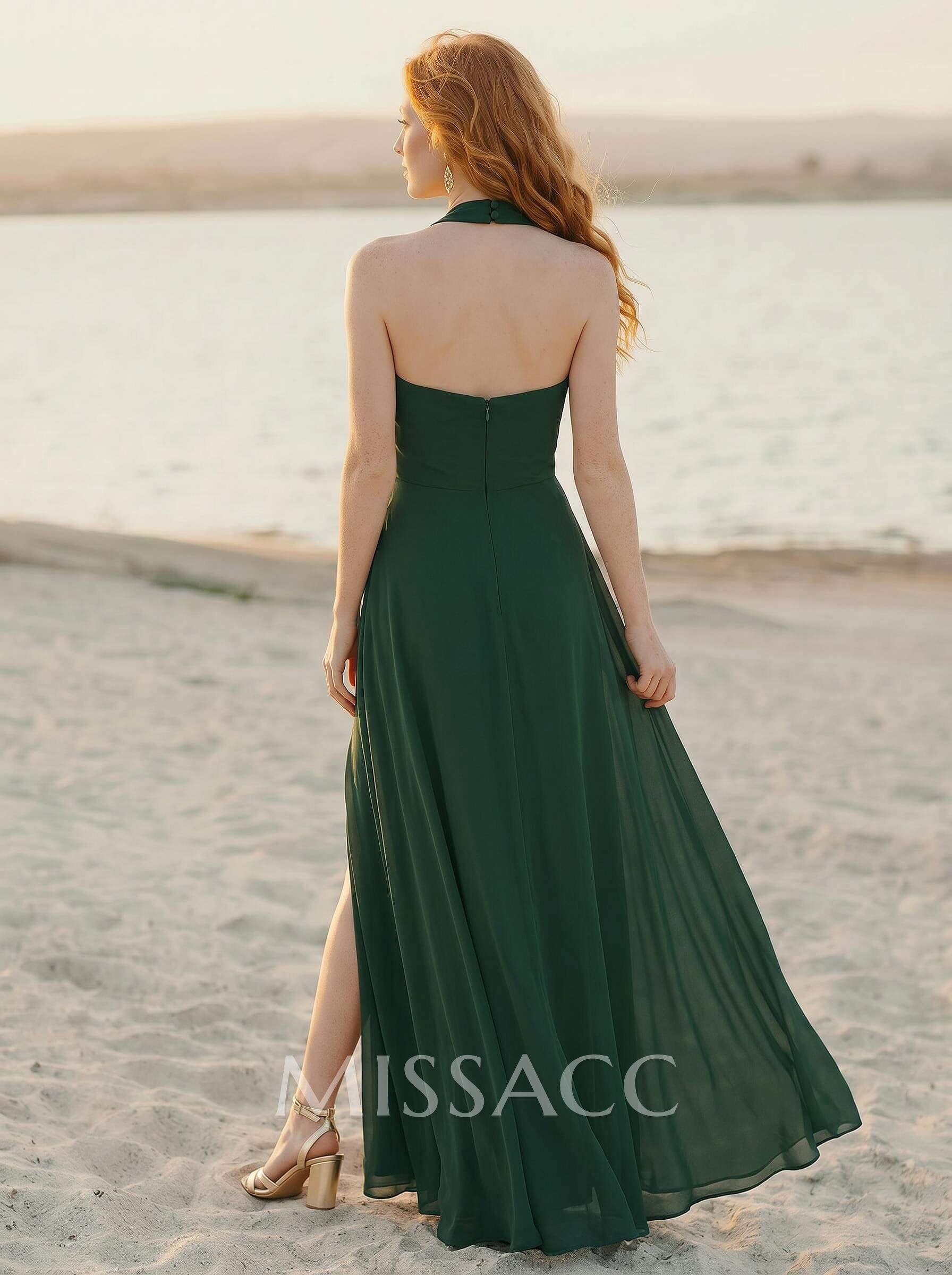 Sheath/Column Halter Sleeveless Floor-Length Chiffon Bridesmaid Dresses With High Split Sheath/Column Halter Sleeveless Floor-Length Chiffon Bridesmaid Dresses With High Split