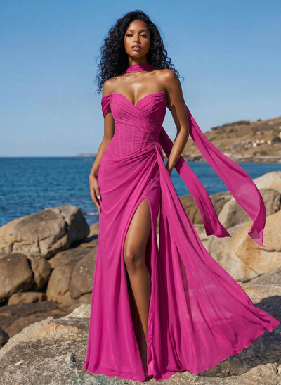 Sheath/Column One-Shoulder/Sweetheart Floor-Length Chiffon Bridesmaid Dresses With High Split