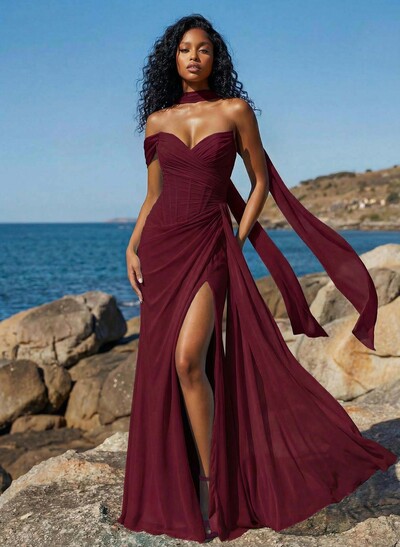 Sheath/Column One-Shoulder/Sweetheart Floor-Length Chiffon Bridesmaid Dresses With High Split
