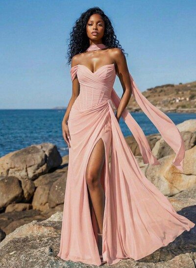 Sheath/Column One-Shoulder/Sweetheart Floor-Length Chiffon Bridesmaid Dresses With High Split