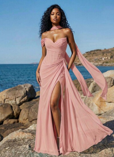 Sheath/Column One-Shoulder/Sweetheart Floor-Length Chiffon Bridesmaid Dresses With High Split