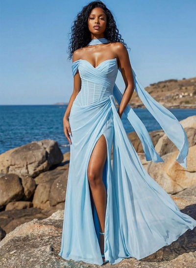 Sheath/Column One-Shoulder/Sweetheart Floor-Length Chiffon Bridesmaid Dresses With High Split