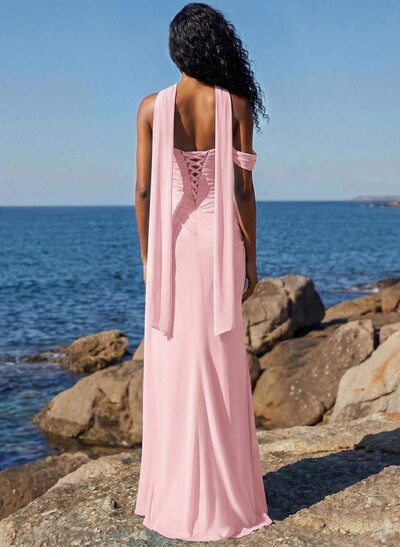 Sheath/Column One-Shoulder/Sweetheart Floor-Length Chiffon Bridesmaid Dresses With High Split