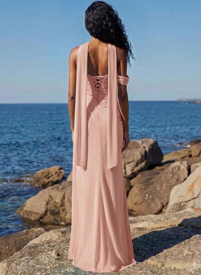 Sheath/Column One-Shoulder/Sweetheart Floor-Length Chiffon Bridesmaid Dresses With High Split