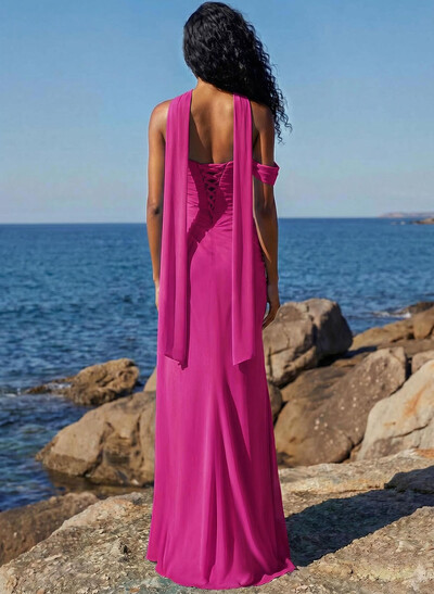 Sheath/Column One-Shoulder/Sweetheart Floor-Length Chiffon Bridesmaid Dresses With High Split