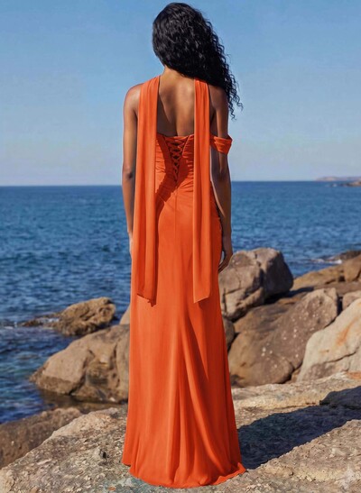 Sheath/Column One-Shoulder/Sweetheart Floor-Length Chiffon Bridesmaid Dresses With High Split