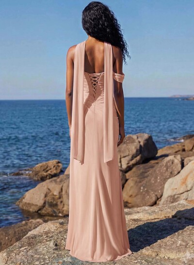 Sheath/Column One-Shoulder/Sweetheart Floor-Length Chiffon Bridesmaid Dresses With High Split