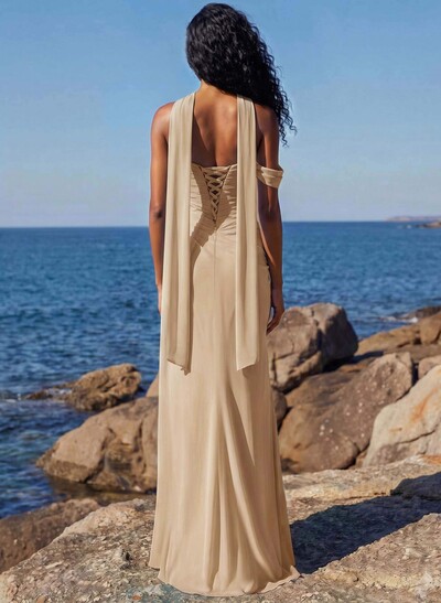 Sheath/Column One-Shoulder/Sweetheart Floor-Length Chiffon Bridesmaid Dresses With High Split