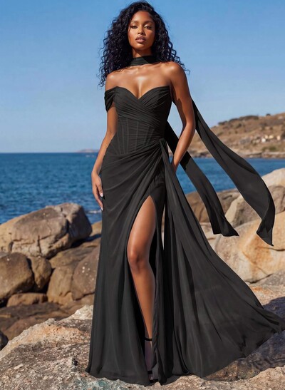 Sheath/Column One-Shoulder/Sweetheart Floor-Length Chiffon Bridesmaid Dresses With High Split