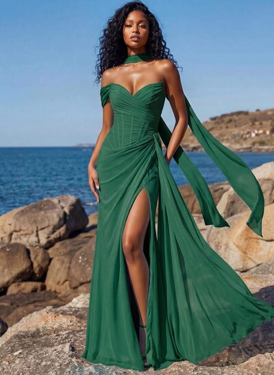 Sheath/Column One-Shoulder/Sweetheart Floor-Length Chiffon Bridesmaid Dresses With High Split