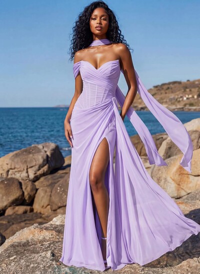 Sheath/Column One-Shoulder/Sweetheart Floor-Length Chiffon Bridesmaid Dresses With High Split
