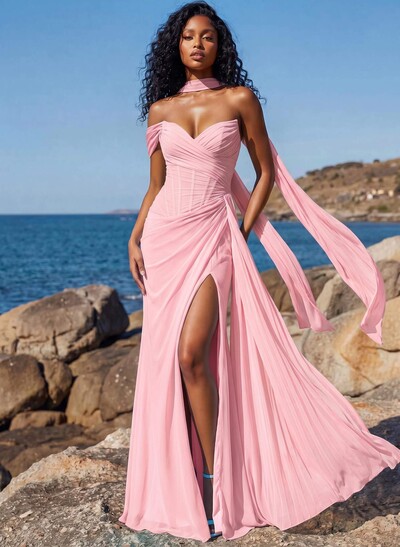 Sheath/Column One-Shoulder/Sweetheart Floor-Length Chiffon Bridesmaid Dresses With High Split