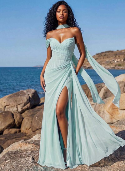 Sheath/Column One-Shoulder/Sweetheart Floor-Length Chiffon Bridesmaid Dresses With High Split