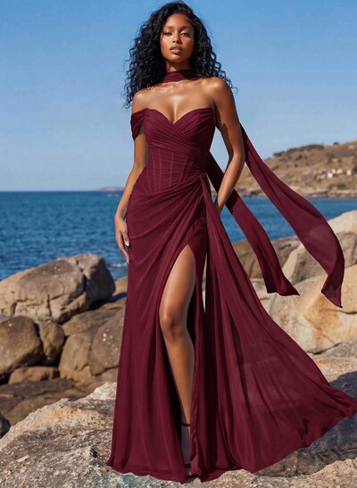 Sheath/Column One-Shoulder/Sweetheart Floor-Length Chiffon Bridesmaid Dresses With High Split