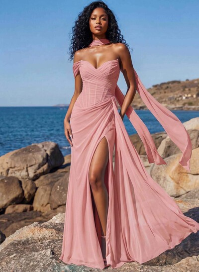 Sheath/Column One-Shoulder/Sweetheart Floor-Length Chiffon Bridesmaid Dresses With High Split