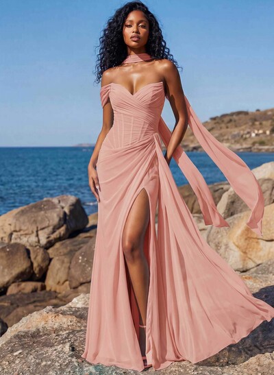 Sheath/Column One-Shoulder/Sweetheart Floor-Length Chiffon Bridesmaid Dresses With High Split
