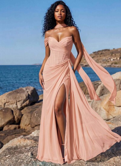 Sheath/Column One-Shoulder/Sweetheart Floor-Length Chiffon Bridesmaid Dresses With High Split