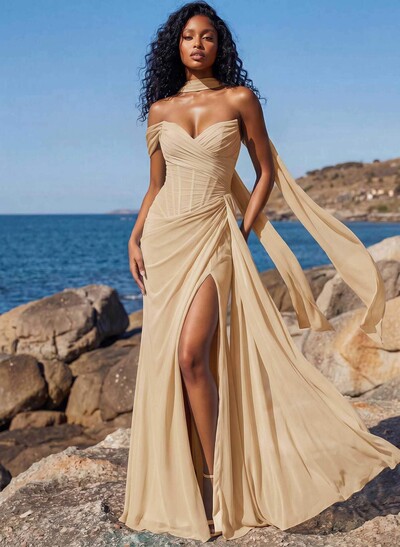 Sheath/Column One-Shoulder/Sweetheart Floor-Length Chiffon Bridesmaid Dresses With High Split