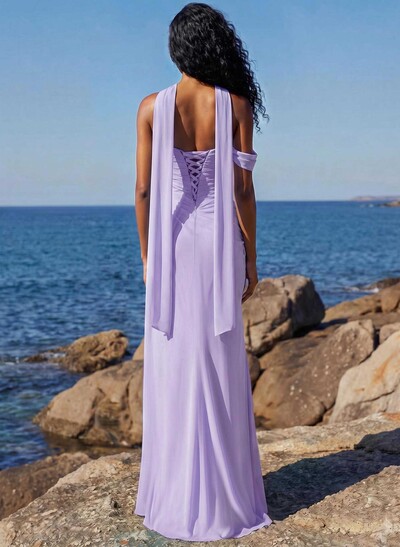 Sheath/Column One-Shoulder/Sweetheart Floor-Length Chiffon Bridesmaid Dresses With High Split